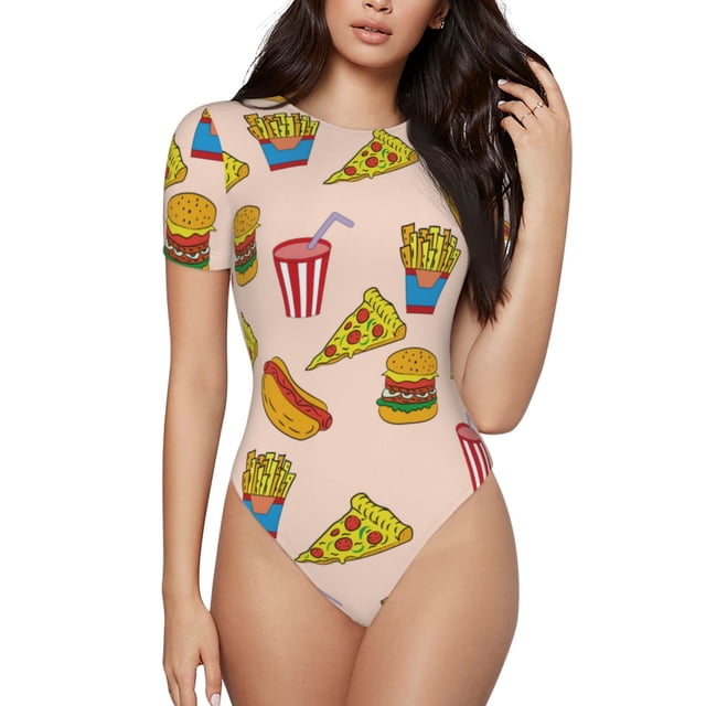 Balery Hamburger Pizza Body de cuello redondo de manga corta para mujer Tops de manga corta Tops básicos-Small