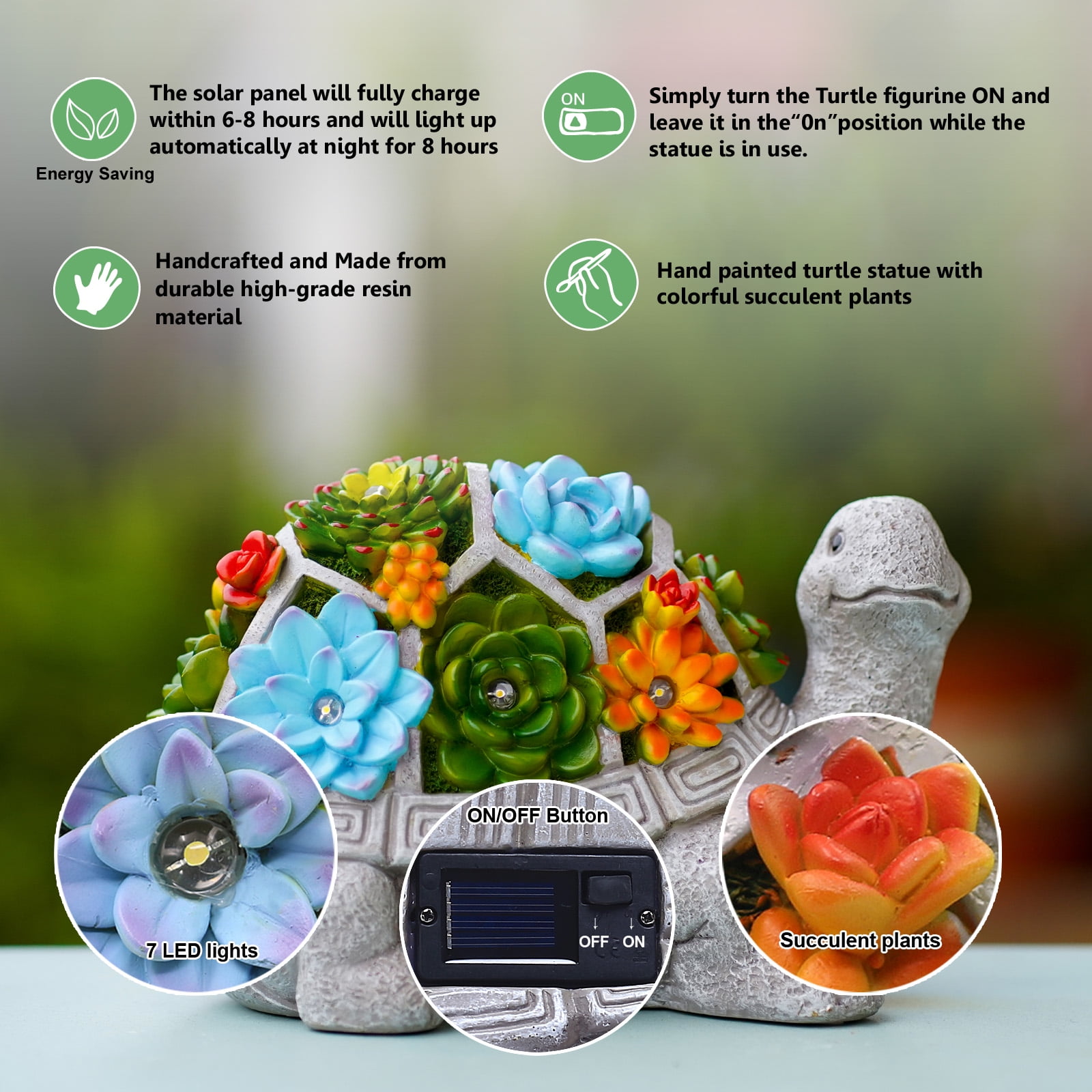 Solar Turtle Garden Statue with Succulent & 7 LED Lights, 4.52 Inch UV Resistant Outdoor Lawn Patio Balcony Yard Decor, Gift for Mom Grandma Women