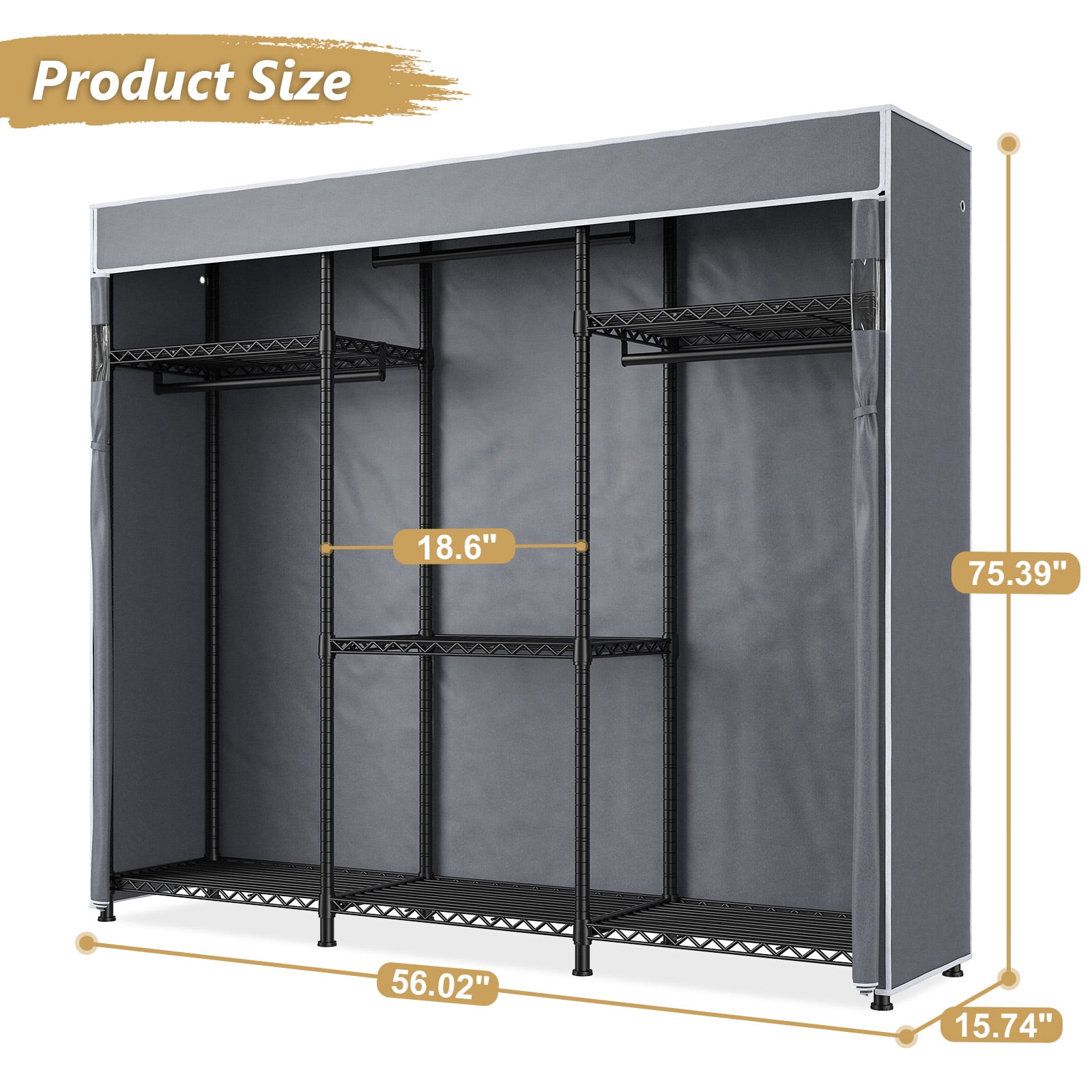 melmine Heavy Duty Clothes Rack with Dustproof Cover,Adjustable Garment Rack with Shelves,Freestanding Wardrobe Organizer for Bedroom,800lbs Capacity,Black