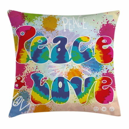 Peace Love Pillows 70s Party Decorations Throw Pillow Cushion Cover, Peace and Love Tie Dye Funky Color Splashes Rainbow Abstract Artistic, Decorative Square Accent Pillow Case, 18 X 18 Inches, Multicolor, by Ambesonne ()