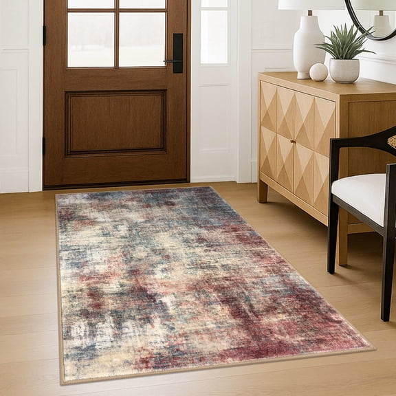 iOhouze Washable Rugs 3x5 ft Entryway Rugs Abstract Non Slip Area Rug Printed Faux Wool Soft Kitchen Rugs Indoor Rugs for Entrance Foyer Living Room Bedroom, Red/Multi