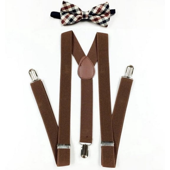 Brown Suspenders and Plaid Bowtie Set Mens Barnyard Wedding Matching Set Bow-tie Bow Tie Set