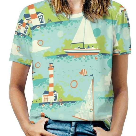 Coastal Sailboats Lighthouses T Shirts Basic T-Shirt Short Sleeve Ladies Tee Shirt Summer Graphic Clothing