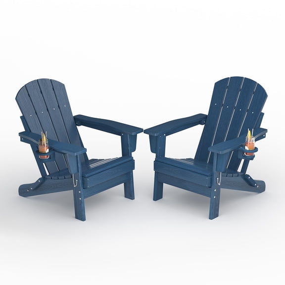 Folding Adirondack Chair Set of 2, HDPE Outdoor Patio Chair with Cup Holder, All Weather Resistent Wooden Textured for patios, Decks, Gardens, fire Pit, Navy Blue