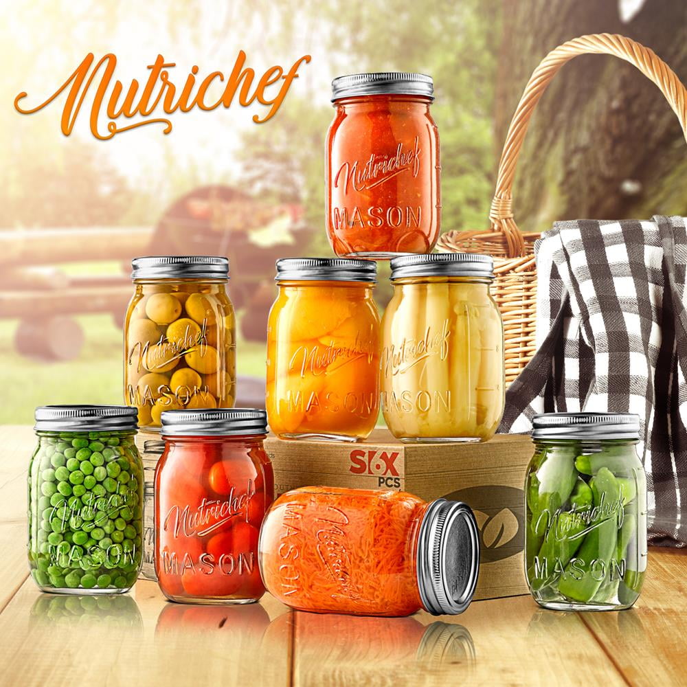 NutriChef 16oz DIY Magnetic Spice Mason Jar Glass Container w/ Airtight Lid and Band (8 Pcs)