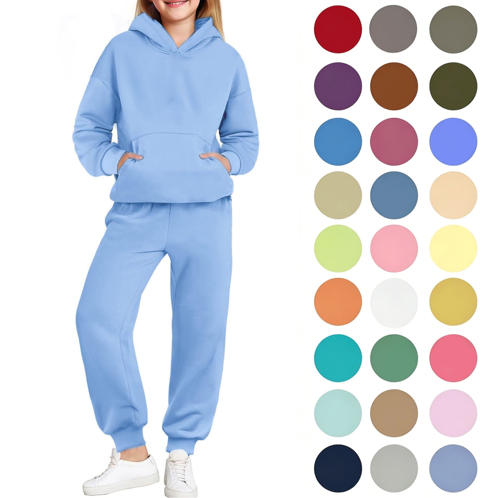 Fatuov Kids Sweatsuit Set with Pocket Solid Color Activewear Hooded Sweatshirt and Long Sweatpant Set for Girls Boys 2pc Set Size 4-5 Years