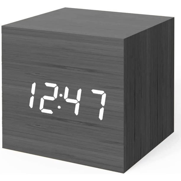 Reloj despertador digital, luz LED de madera, mini cubo moderno, reloj despertador de escritorio, muestra la hora, fecha, temperatura, niños, dormitorio, hogar, dormitorio, viajes, negro