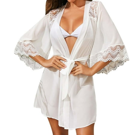 Midwennn Women Lace Kimono Robe Sexy Chiffon Lingerie Mesh Chemise Pajamas for Women Sexy Push up Lingerie