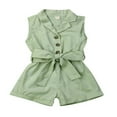 thumbnail image 1 of Toddler Kids Girl Button Sleeveless Ruffle Playsuit Jumpsuit Solid Color Bow Romper Summer Baby Clothes Green 5-6 Years, 1 of 5