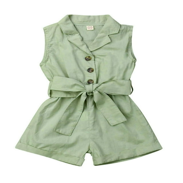 Toddler Kids Girl Button Sleeveless Ruffle Playsuit Jumpsuit Solid Color Bow Romper Summer Baby Clothes Green 5-6 Years