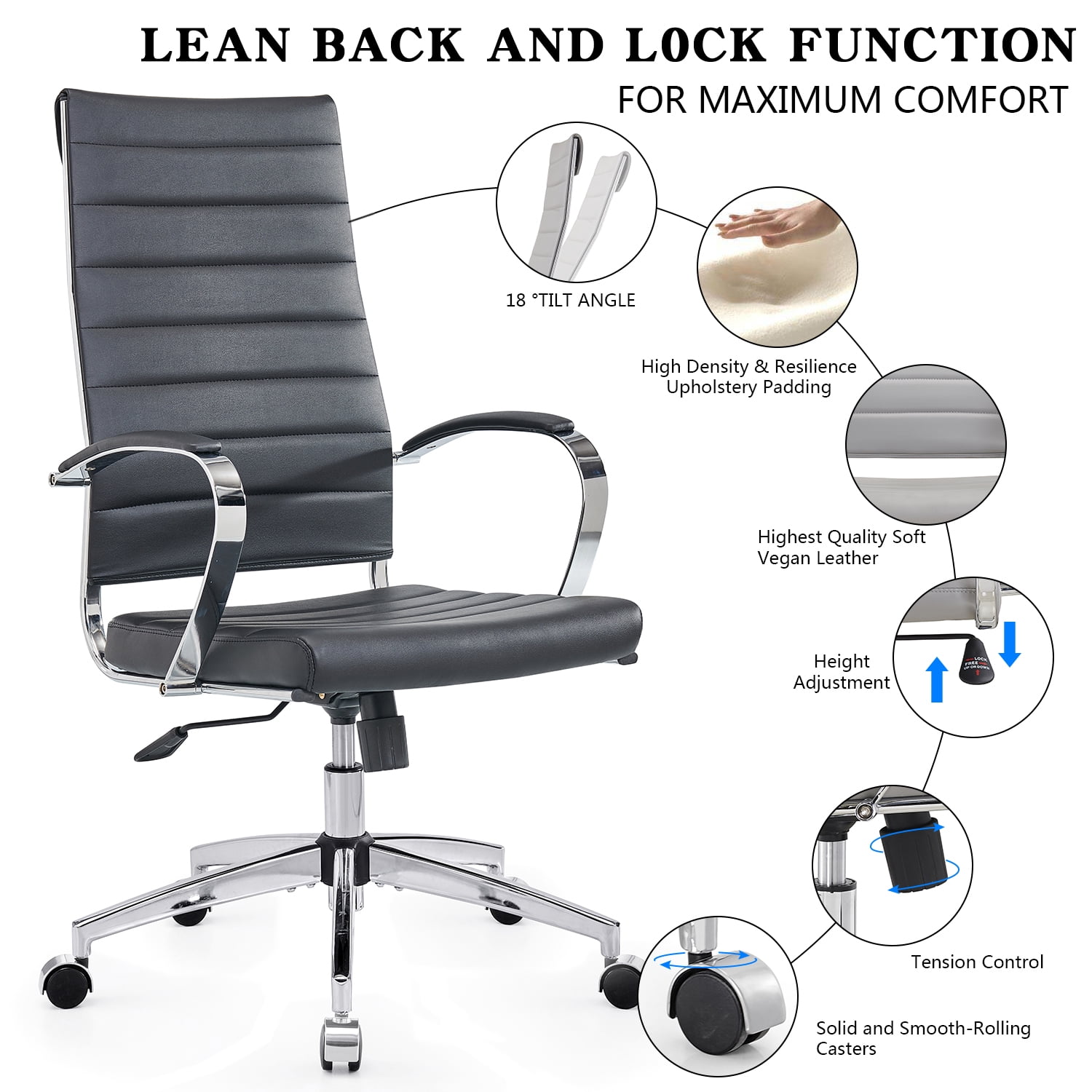 CAROCC High Back Executive Office Chair with Armrest Adjustable Swivel Chair in Durable Vegan Leather Modern Office Chair Ergonomic Desk Chair for Extra Back & Lumbar Support