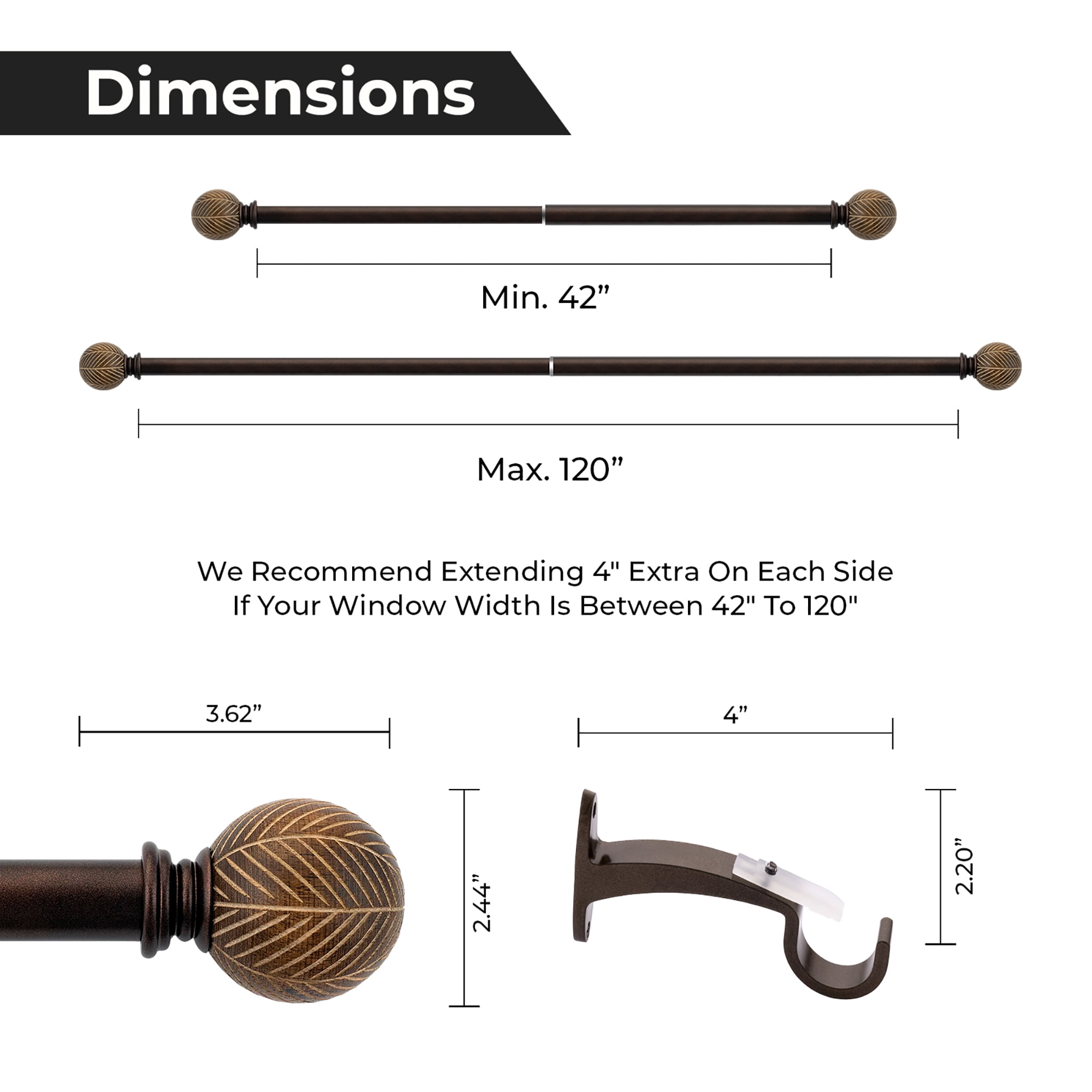 Better Homes & Gardens 1 inch Extendible Curtain Rod 42" to 120" with Moroccan Leaf Finials Brown