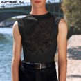 thumbnail image 3 of INCERUN Tops 2024 estilo americano sexy para hombre perspectiva flor encaje patchwork chalecos masculinos ropa de club delgada sin mangas camisetas sin mangas S-5XL, 3 of 4