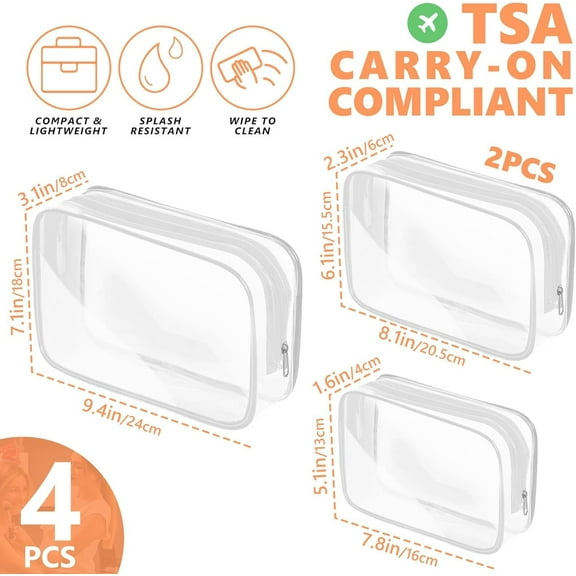 4PCS Clear Plastic Zippered Toiletry Carry Pouch TSA Approved Toiletry Bag Portable Cosmetic Makeup Bag for Vacation, Bathroom and Organizing