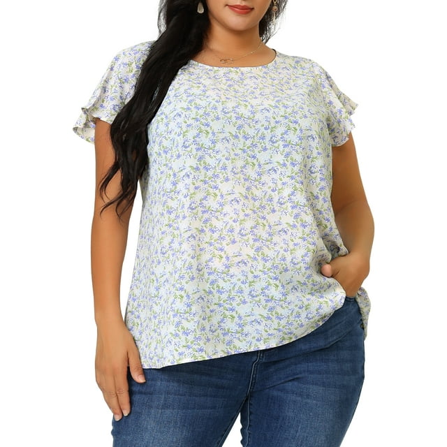 GRACE & GRANDEUR Hauts Floraux Grande Taille pour Femmes Col Rond Manches Courtes Évasées Blouse Décontractée Printemps Été 2X Violet Clair