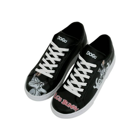 

DOGO Black Sneakers for Women - Handmade Women s Fashion Sneakers Vegan Leather and Unique Design Womens Sneakers Bugs Bunny Builders Black Design Size 9.5