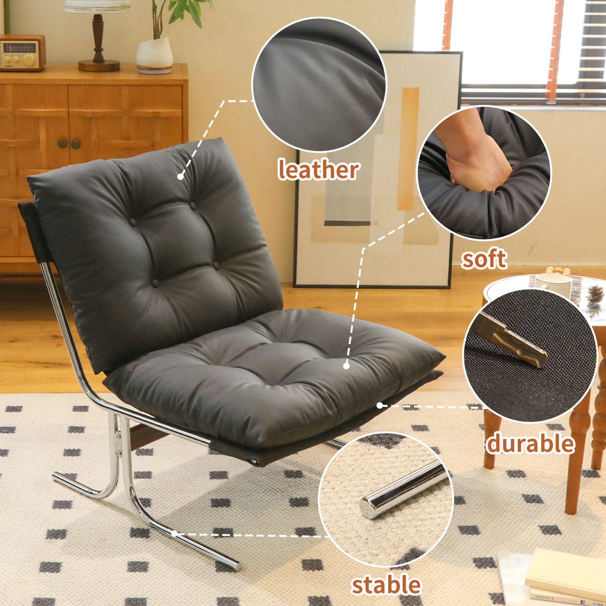 Leumius Modern Accent Chair Leather Armchair with High Back,Metal Legs,Soft Padded for Living Room/Office,Black