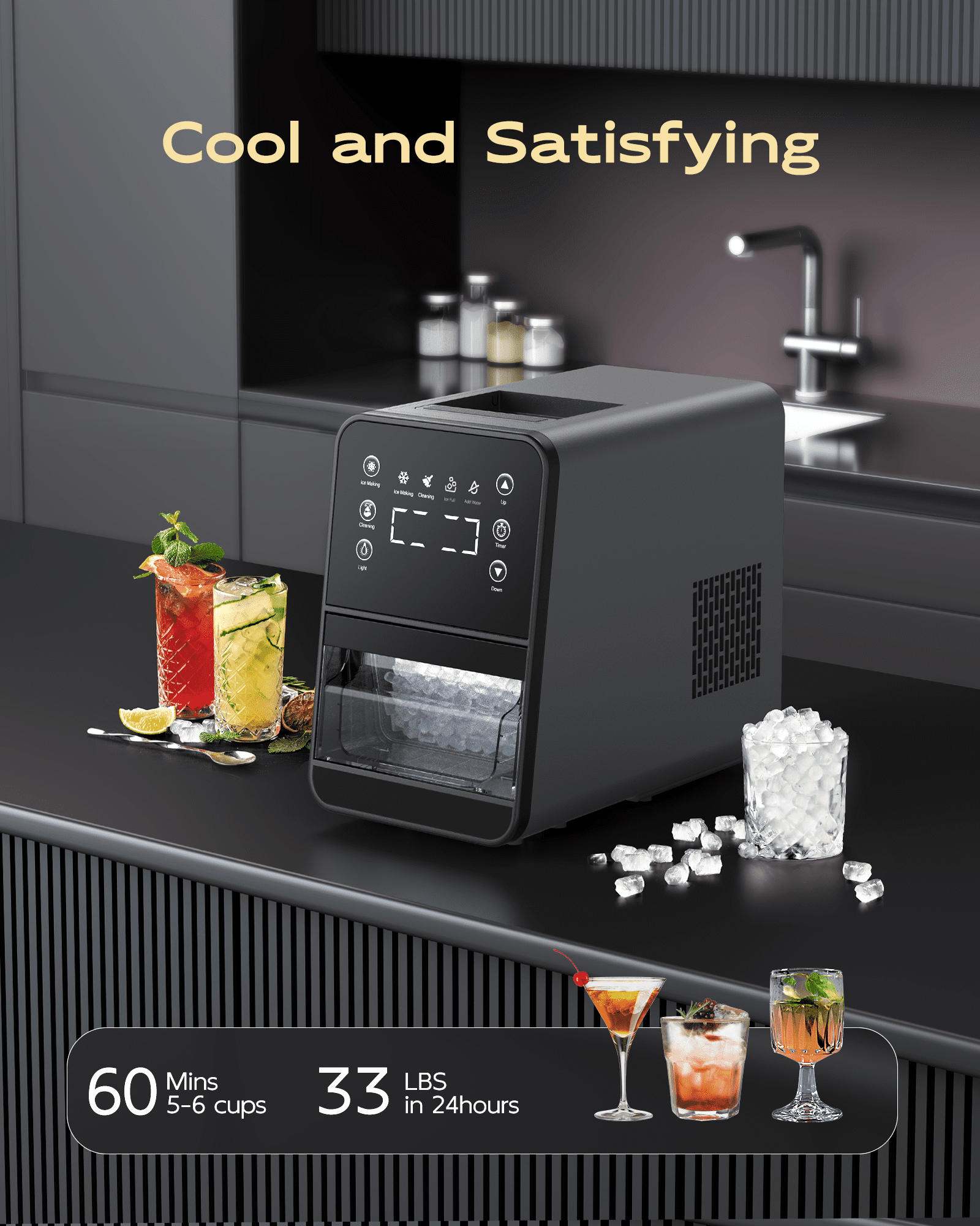 Ecozy Chillio Nugget Ice Maker, 44lbs/24h Pebble Ice Machine, Intuitive EcoScreen & One-Touch Timer, with Pull-out Basket, Home Kitchen Office