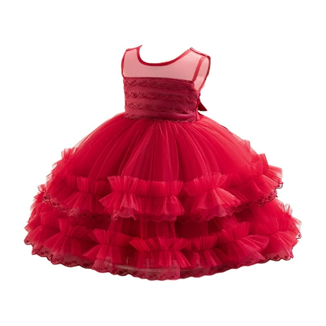 FAIWAD Robe Princesse en Dentelle Brodée Sans Manches à Col Rond pour Bébé Fille, Robe Bouffante en Tulle pour Mariage et Fête