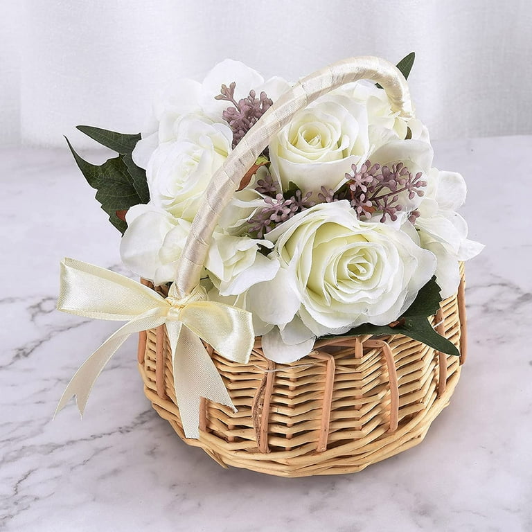 Wedding Flower Girl Baskets White Ribbon Rattan Flower Basket Handwoven Easter Basket with Handle Straw Beach Bags Purse Wicker Tote for Candy Garden Home L Walmart