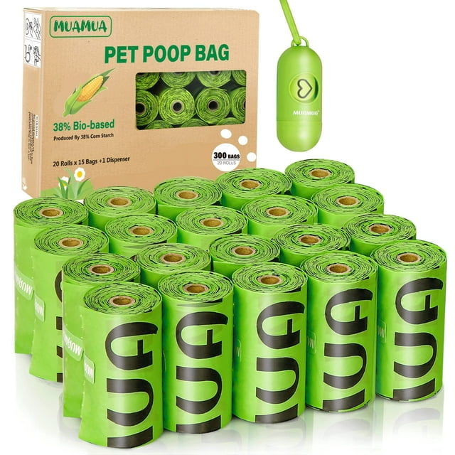 Bolsas biodegradables para excrementos de perro MUAMUA, 300 unidades con dispensador