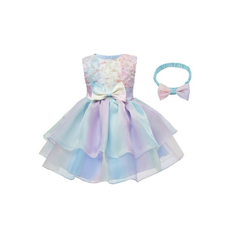 

Baby Girls Summer Evening Party Dress Sleeveless O Neck Gradient Color Bowknot Dress with Headband