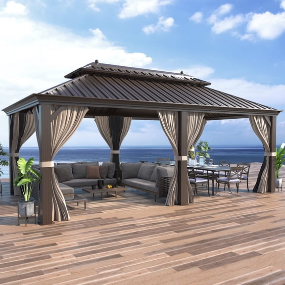 Hommow 12'x20' Hardtop Gazebo Galvanized Steel Outdoor Canopy Aluminum Frame Brown