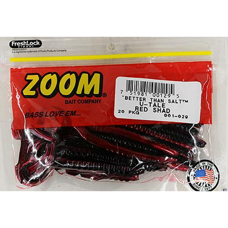 Zoom U-Tale Worm Freshwater Bass Soft Fishing Bait, Red Shad, 6 3/4”,  20-pack, Soft Baits 