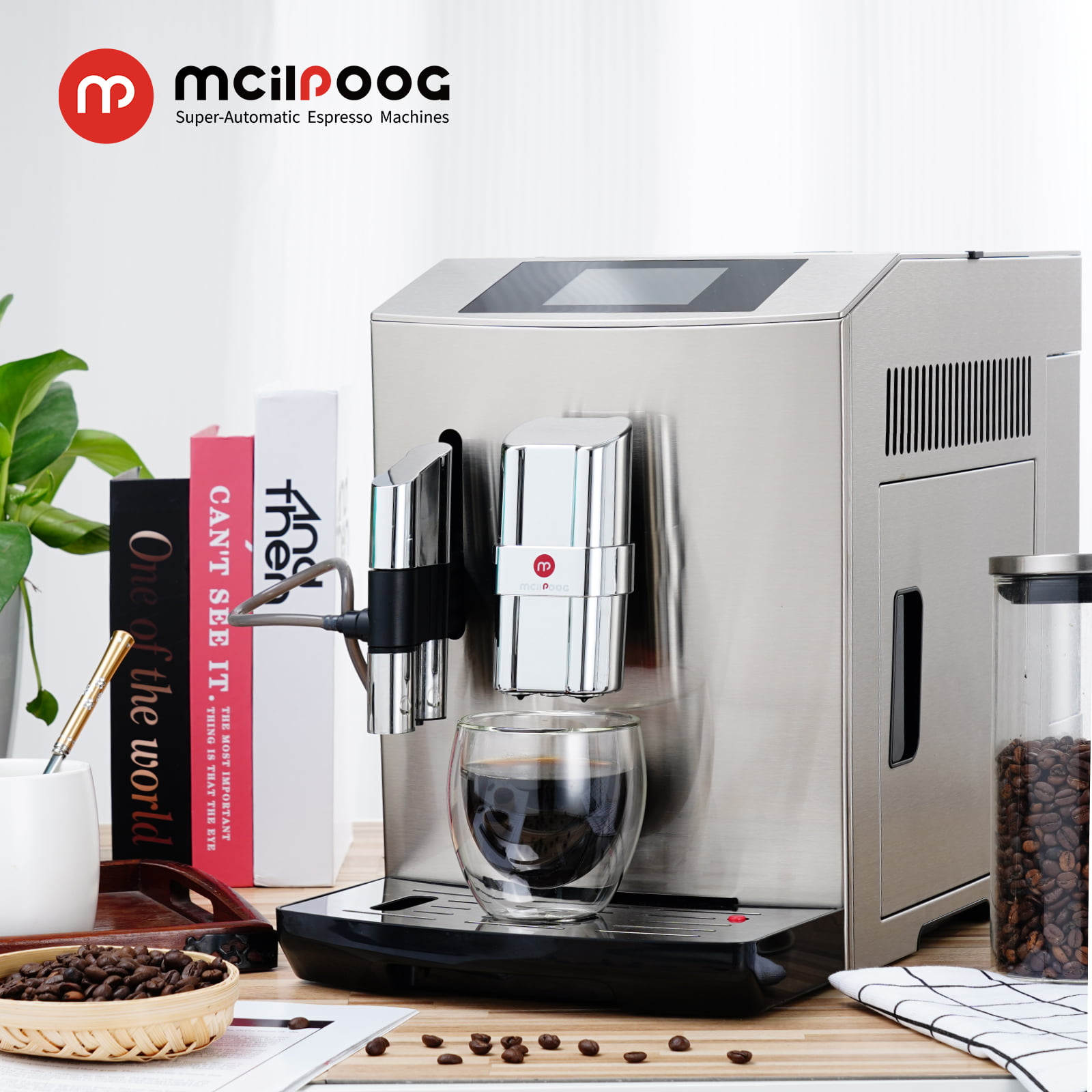 Mcilpoog WS-T6 Super Automatic Coffee Machine with Milk Jug, Built-in Small Refrigerator Silver