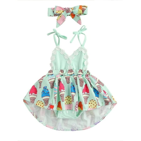 

Binpure Baby Girl’s Ice Cream Printed Backless Suspender Romper and Headband