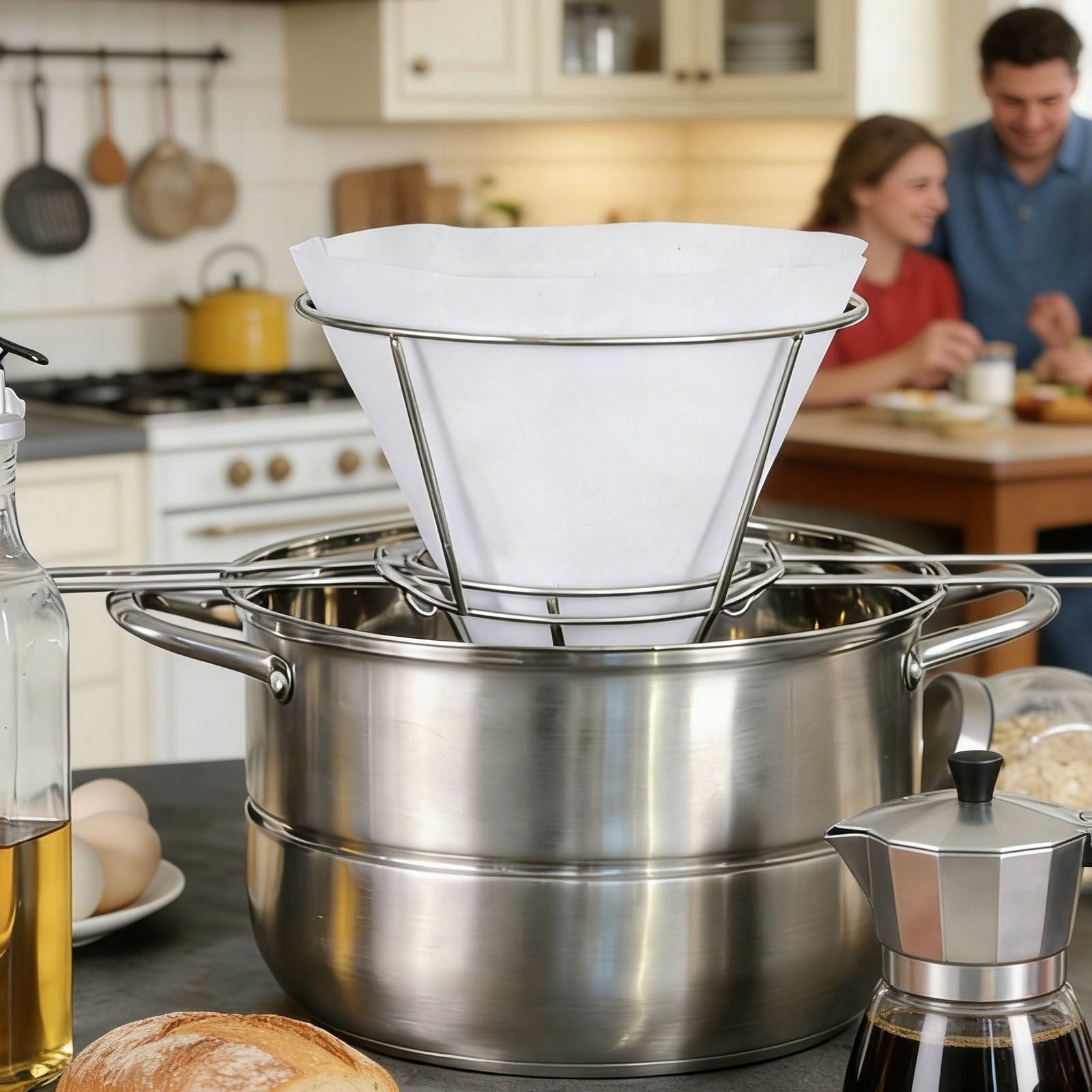 Oil Filter Stand for Deep Fryers and Maple Syrup, 304 Stainless Steel Fryer Oil Strainer with Fine Mesh, Foldable Arms Fit Various Pots, Reusable and Dishwasher Safe