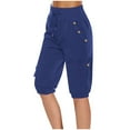 thumbnail image 2 of Lenpel Women's Bermuda Shorts Elastic High Waisted Drawstring Tapered Mid Length Cargo Shorts Summer Casual Shorts with Pockets, 2 of 6