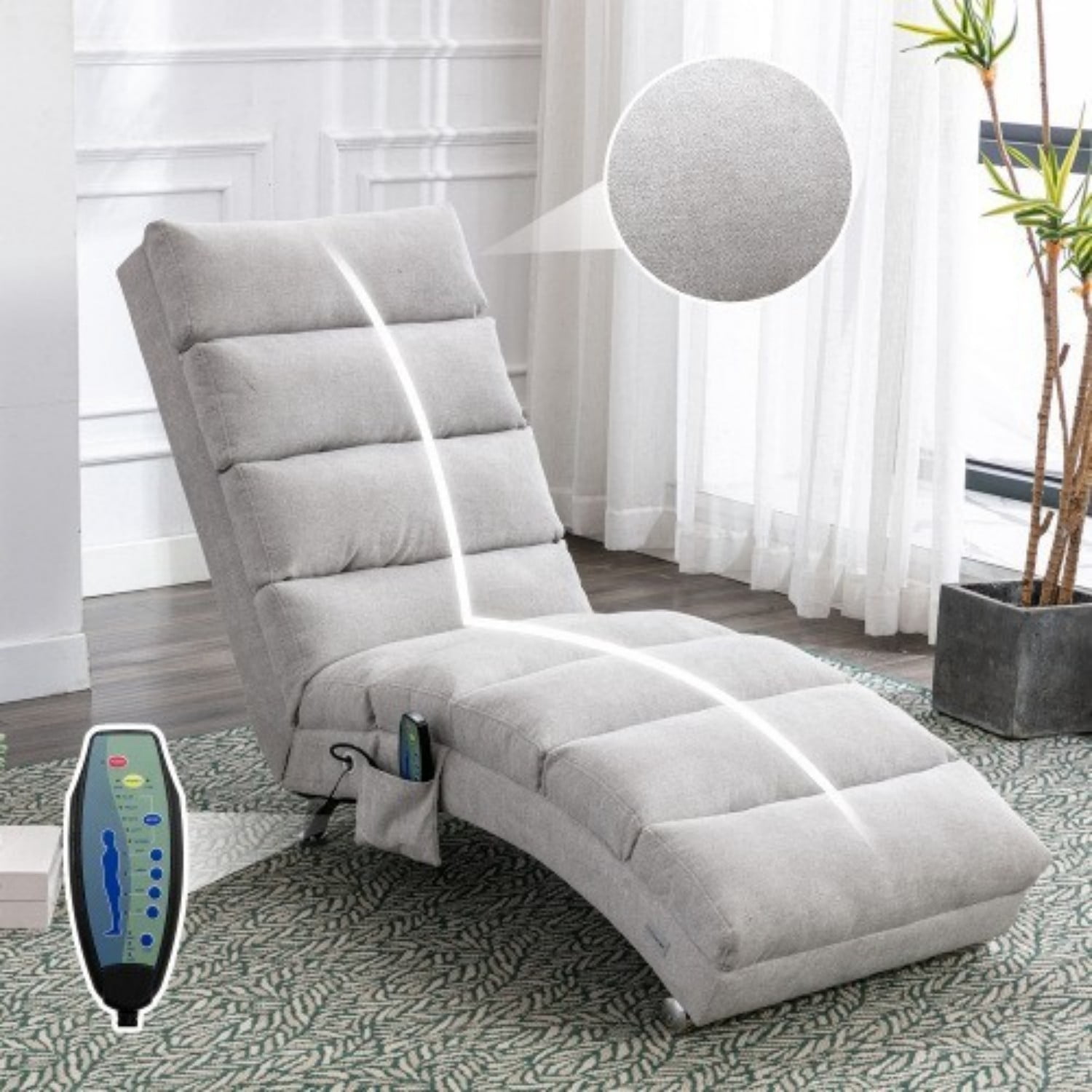 Upholstered Chaise Lounge Chair with Vibration, Modern Fabric Leisure Recliner with Ergonomic Fixed Back, Side Pocket & Lumbar Pillow, 300 lbs Capacity, Light Gray
