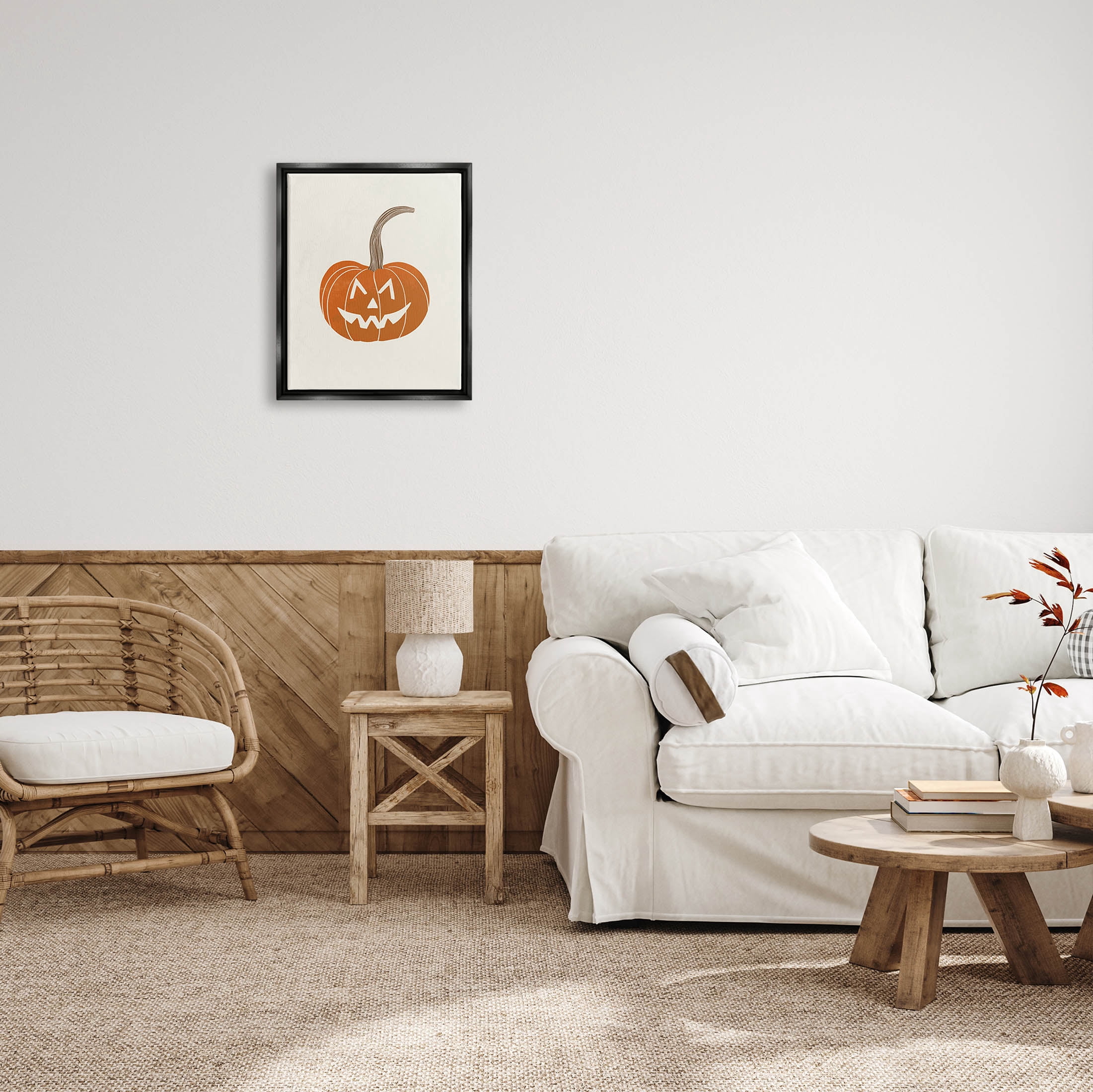 Stupell Industries Happy Jack-o-Lantern Smile Graphic Art Jet Black Floating Framed Canvas Print Wall Art, Design by Taylor Shannon Designs