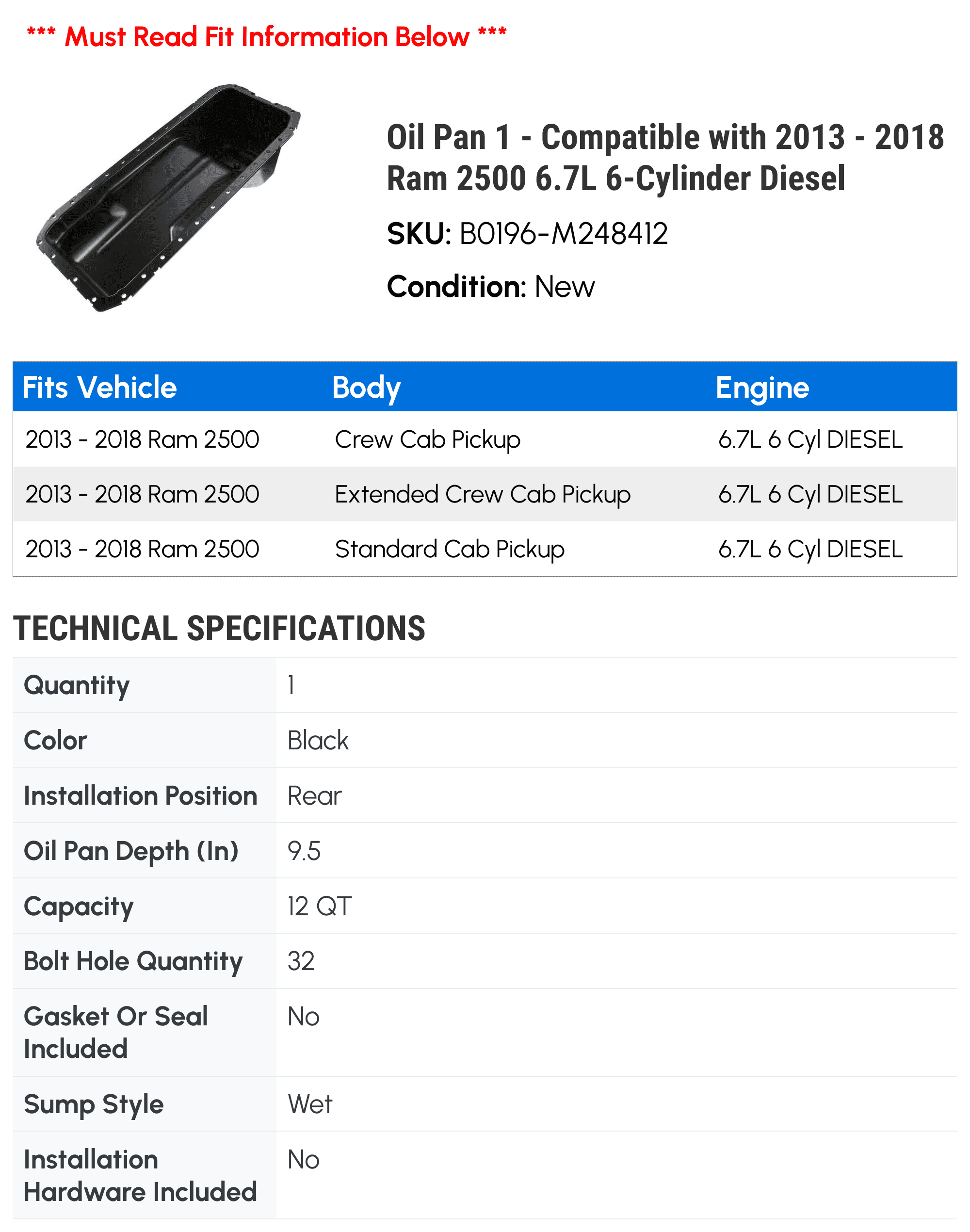 Oil Pan 1 - Compatible with 2013 - 2018 Ram 2500 6.7L 6-Cylinder Diesel - Autopart Premium