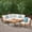 Teak/Cream, variant on GDF Studio Abena Outdoor Acacia Wood 6 Seater Sectional Sofa and Club Chair Chat Set with Cushions, Teak and Cream