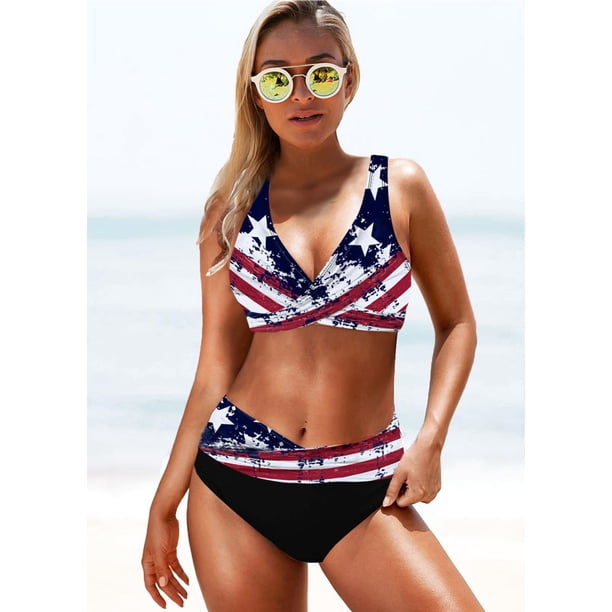 Traje de baño bikini multicolor con rayas arcoíris y cintura alta de talla grande dividido