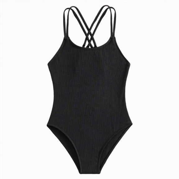 UngA Girls Swimsuit Criss Cross One Piece Bathing Suit for Girls Solid Color Adjustable Straps Swimwear (Black,9-10 Years)
