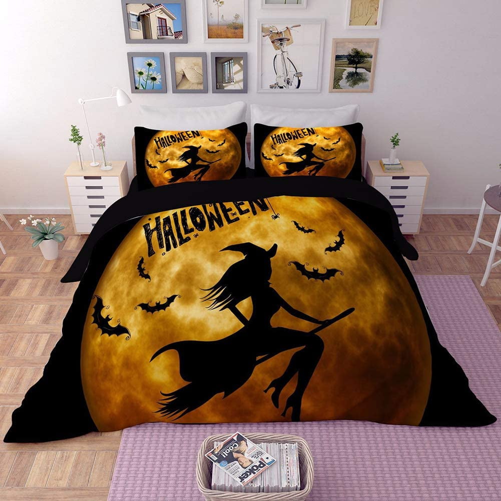 3 PCS Halloween Duvet Cover Set Scary Pumpkin & Skull Bedding Duvet Cover Sets with Zipper