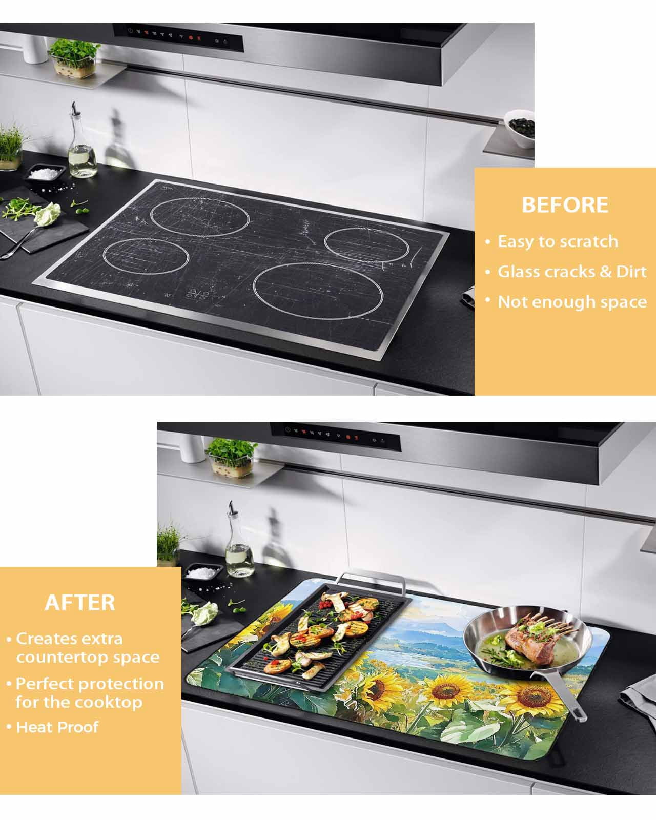 nqOlkjepod Large Induction Cooktop Protector Mat 36"x21", Sunflower Summer Stove Top Covers for Electric Stove, Spring Field Vintage Botanical Flowers Stove Burner Cover Mats, Glass Top Stove Cover