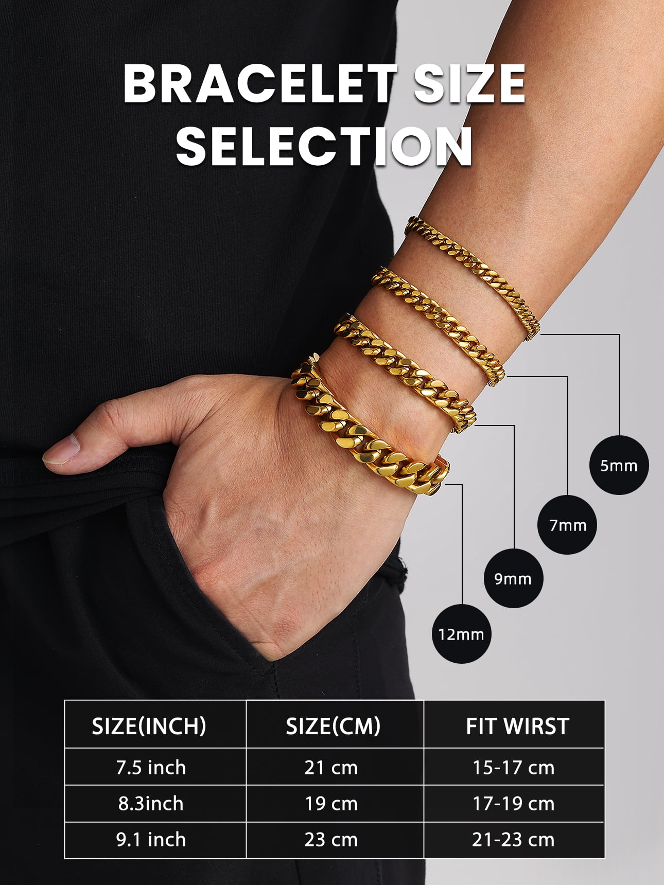 Bestyle 5mm Cuban Link Bracelets for Men Women, 18K Gold Plated Stainless Steel Chain Bracelet Punk Cool Hip Hop Jewelry Gift, 21cm/8.3in