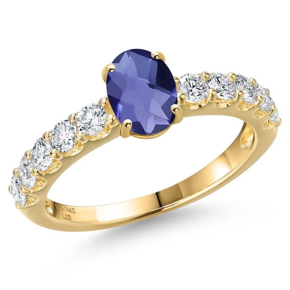 Gem Stone King 14K Yellow Gold Blue Iolite and Lab Grown Diamond Engagement Ring for Women | 1.30 Cttw | Oval Checkerboard 7X5MM | Gemstone Birthstone | Size 9
