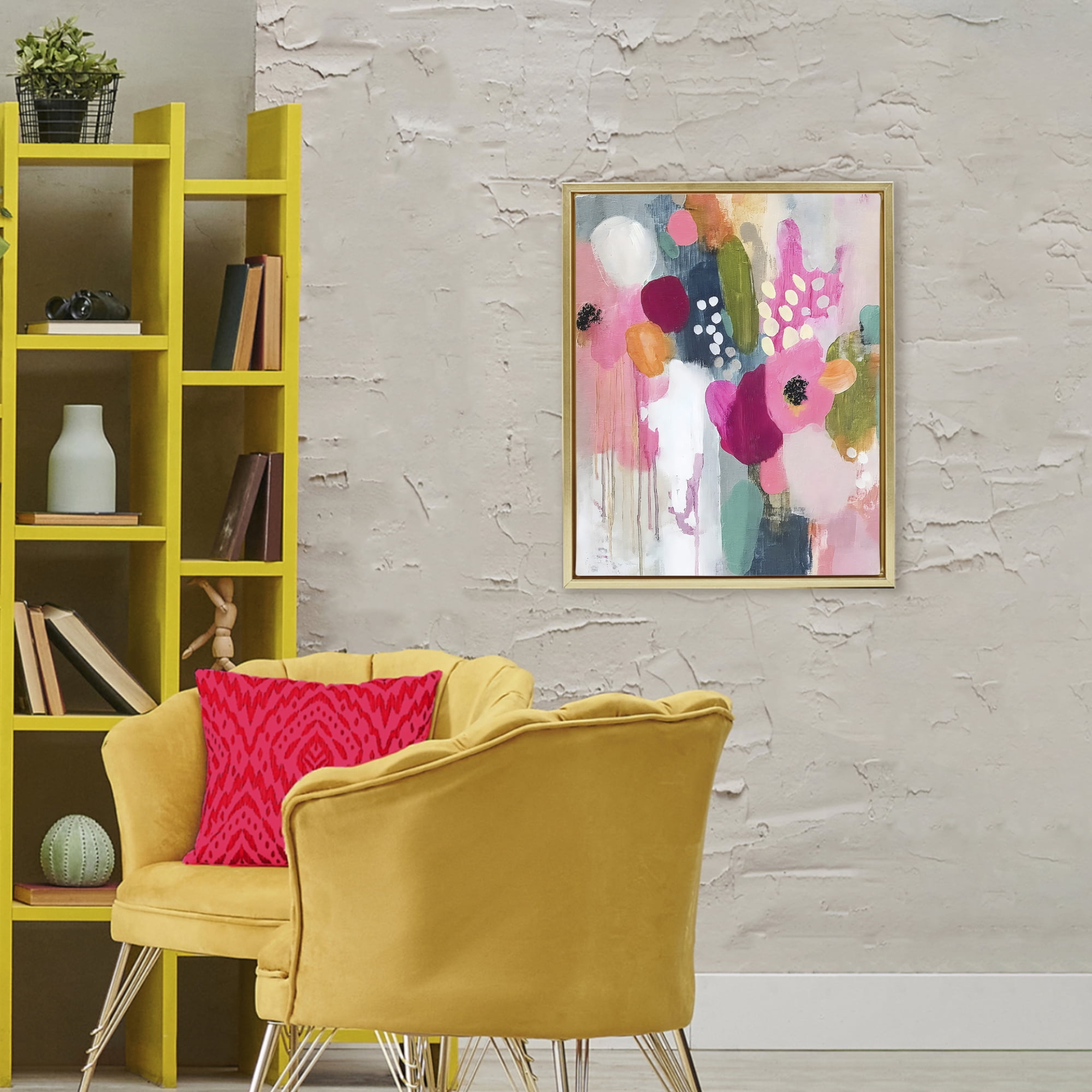 Stupell Industries Paint Drip Blooms Cascade Gold Framed Floater Canvas Wall Art, design by Riley B