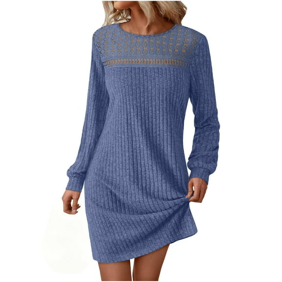 Busydd Womens Dresses Trendy Lace Knit Ribbed Spring Dresses for Women Casual Solid Color Round Neck Long Sleeve Dress for Women L
