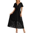 thumbnail image 3 of Neewe Robe Maxi d'Été pour Femmes, Ample, Unie, Col en V, Manches Courtes, Tunique, Taille Plissée, Décontractée, Longueur Cheville, Ourlet en Dentelle, 3 of 7