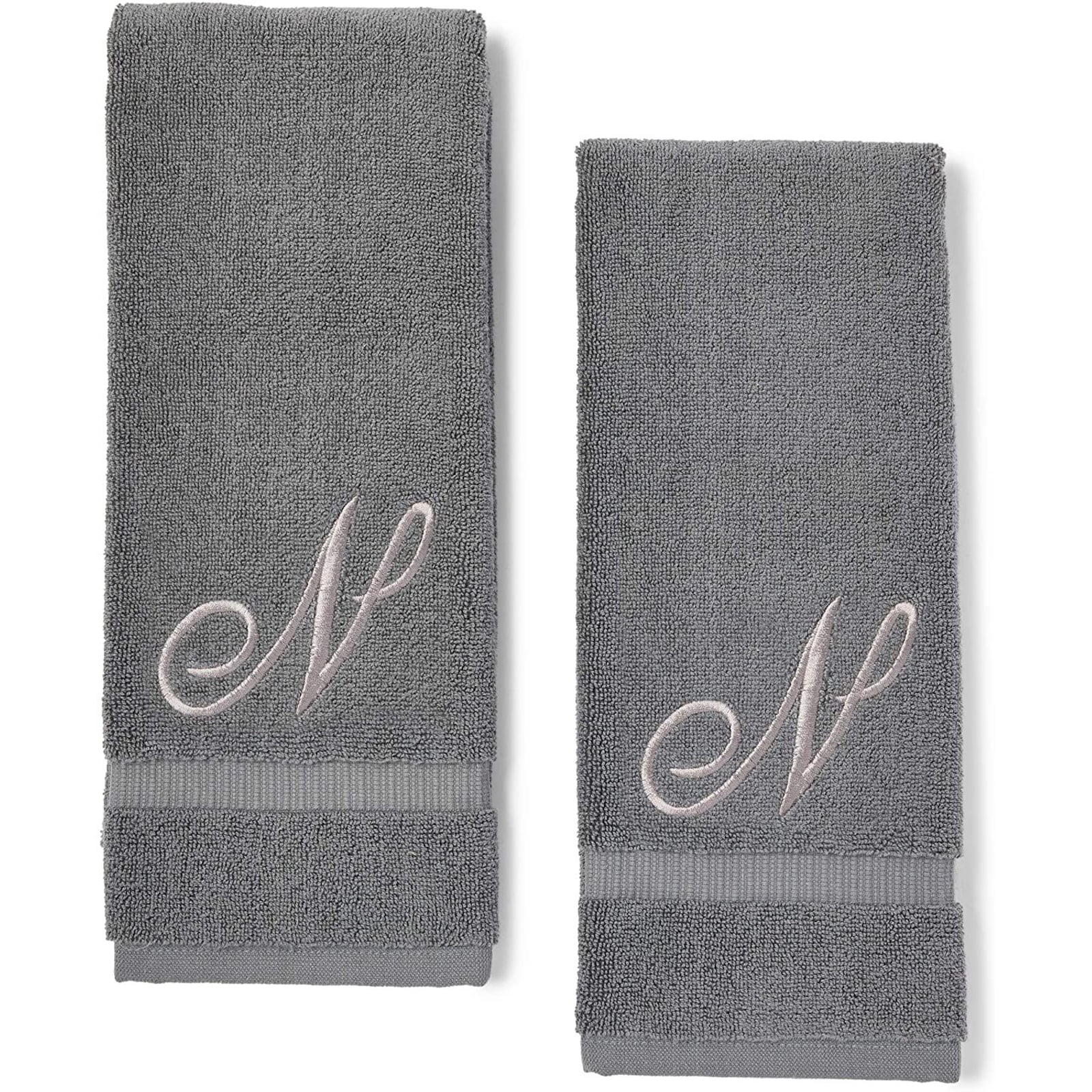 Embroidered Silver Thread Modern Monogram Choose from 100% Turkish Cotton or Made in USA Personalized Towels Luxury Spa Quality Monogrammed Hand Towels Set of 2