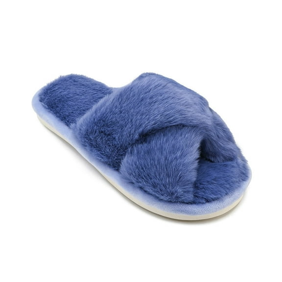 Womens Fuzzy Memory Foam Slippers Cross Band Cozy Plush Home Slippers Fluffy Furry Open Toe House Shoes Indoor Outdoor Slide Slipper
