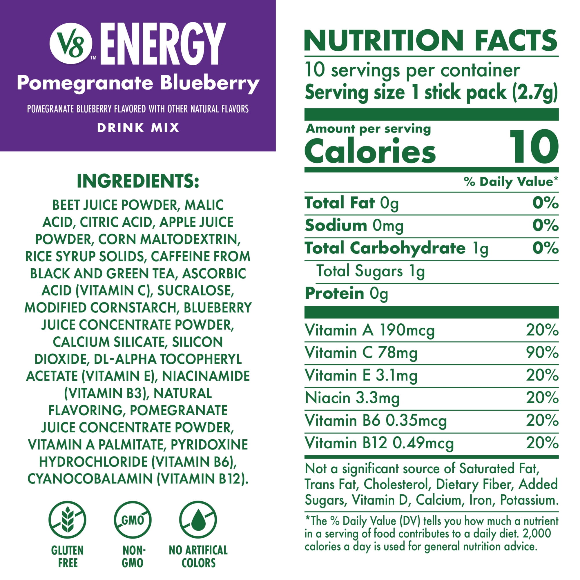 (12 pack) V8 Energy Pomegranate Blueberry Energy Drink Powder, .10 oz Packet (120 Count)
