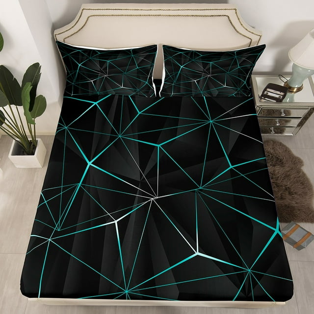 YST Geometric Bed Sheets, Geometry Irregular Diamond Bedding Set For Kids Teens Adult Women Bedroom, Lightweight Microfiber Fitted Sheet Abstract Triangle Sheets(Black Teal, Queen)