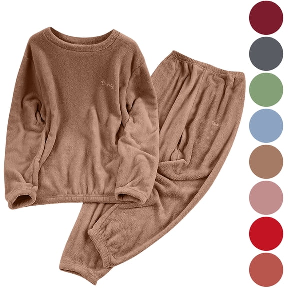 Maplenight 2 Piece Womens Fleece Pajamas Set Crew Neck Long Sleeve Pjs Thermal Soft Tops & Elastic Waist Cuffed Pants Lounge Set